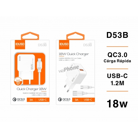 IDUSD.Cargador Rápida QC3.0 + USB-C -D53B