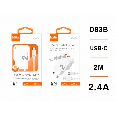 IDUSD.Charger 2USB 2.4A + USB-C 2M - D83B