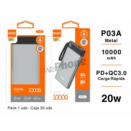 IDUSD.Power Bank 10000mAh Metal PD+QC 20W - P03A