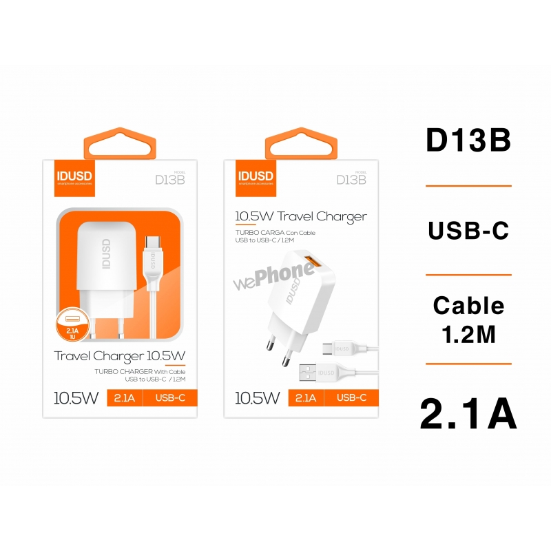 IDUSD.Smart Charger 2.1A + USB - C 1.2M 2.4A - D13B