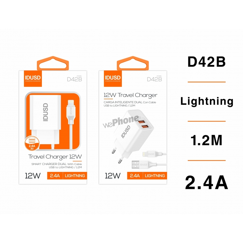 IDUSD.Smart Charger 2-USB 2.4A + Lightning 1.2M - D42B