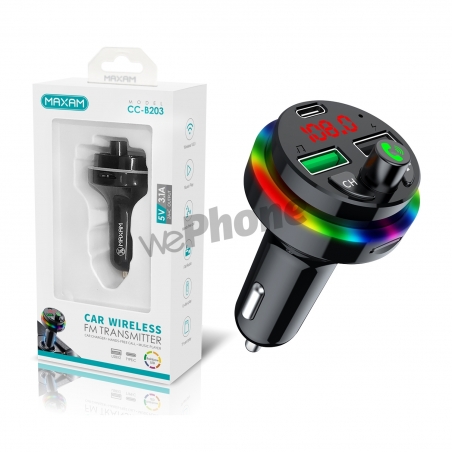Maxam-CC-B203 Negro Cargador de reproducción Bluetooth para coche 2USB/3.1A con luz de color, TF