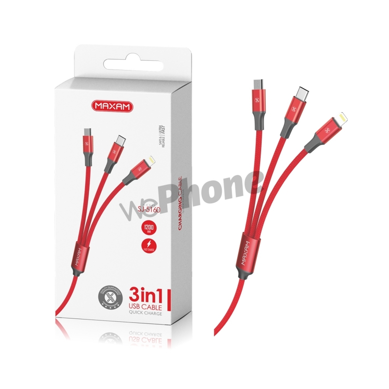 Maxam-SJ-5160 Rojo 2A 1.2M 3en1 CABLE USB