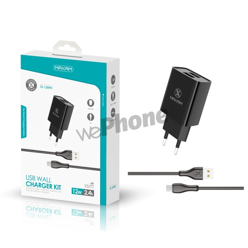 Maxam-TZ-1209C Negro 2.4A 1M TYPE C WALL CHARGER PACK