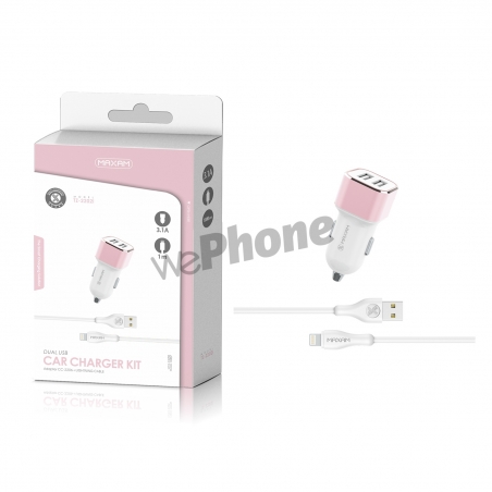 Maxam-TZ-2202I Blanco&Rosa 2USB/3.1A 1M CABLE IP CAR CHARGER PACK