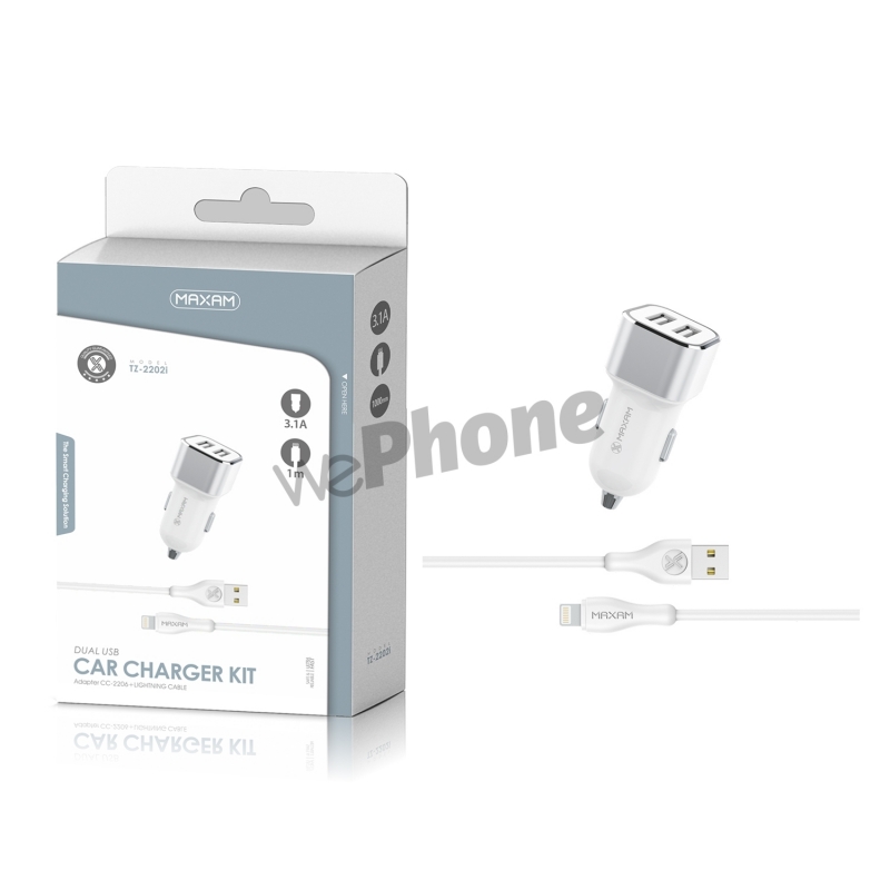 Maxam-TZ-2202I Blanco y Plata 2USB/3.1A 1M CABLE IP CAR CHARGER PACK