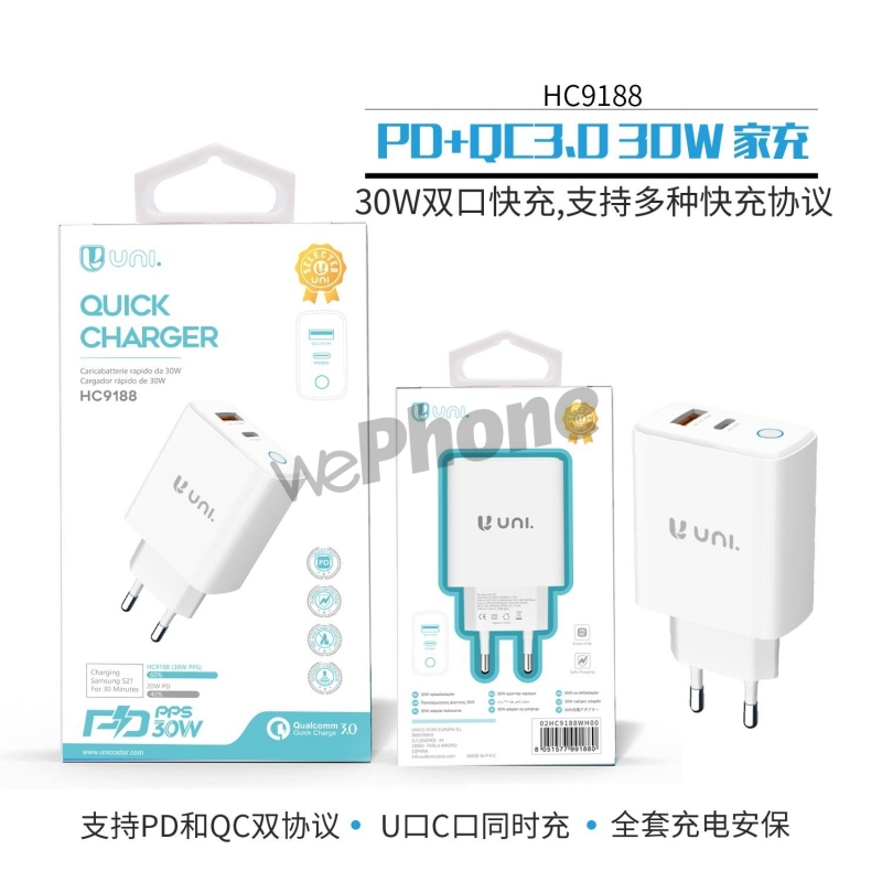 UNICO - New HC9188 Travel charger ,PD, A+C, 30W (w