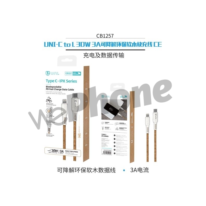 UNICO - CB1257 C al Lightning de carga rápido del cable del corcho degradable y respetuoso del medio ambiente de L 30W 3A