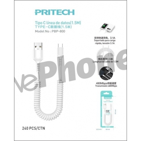 PRITECH PBP-800 CABLE TIPO C RESORTE ESPIRAL 3.1A 1.5M