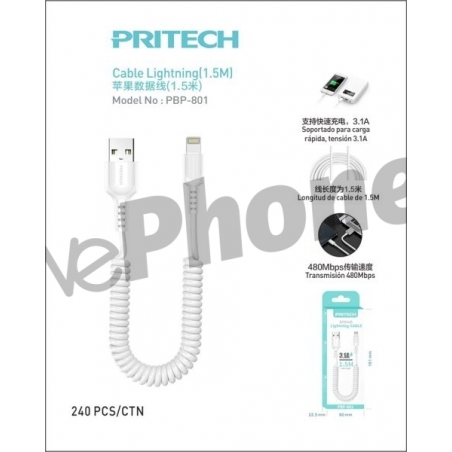 PRITECH PBP-801 CABLE LIGHTNING RESORTE ESPIRAL 3.1A 1.5M