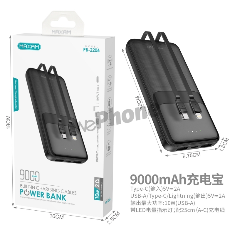 MAXAM PB-2206 Power Bank con cable de carga para Móvil 5V2A 9000mAh (Negro)