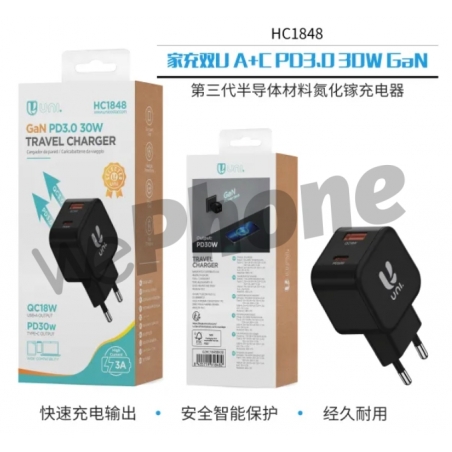 UNICO - HC1848 Cargador de casa dual USB A+C PD3.0 30W GaN con certificación CE NEGRO Carga Rápida