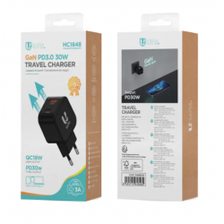 UNICO - HC1848 Cargador de casa dual USB A+C PD3.0 30W GaN con certificación CE NEGRO Carga Rápida