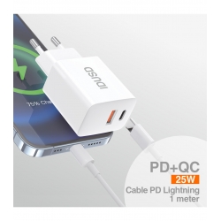 IDUSD-Cargador Carga Rapida y Segura PD+QC 25W + PD Lightning 1M - D195B