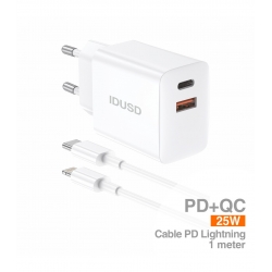 IDUSD-Cargador Carga Rapida y Segura PD+QC 25W + PD Lightning 1M - D195B