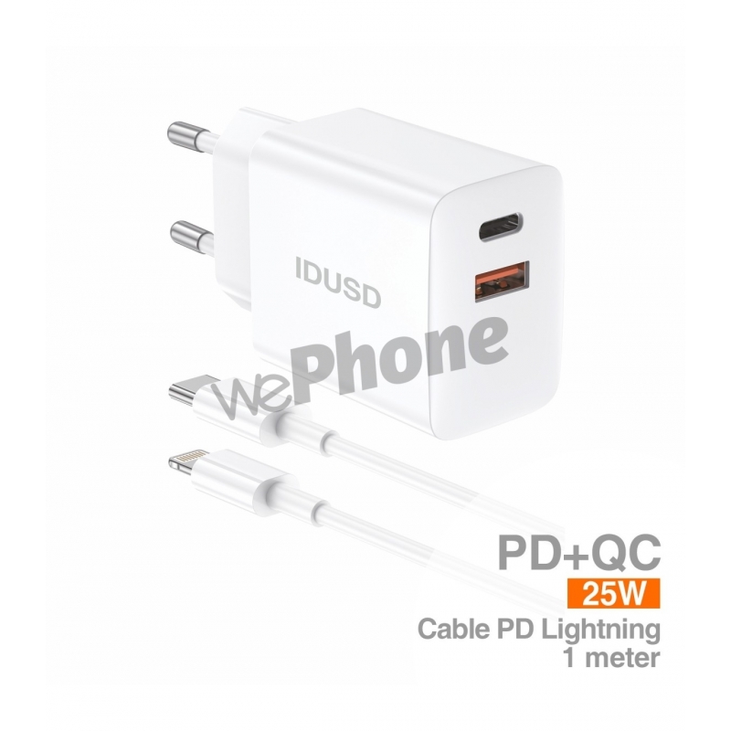 IDUSD-Cargador Carga Rapida y Segura PD+QC 25W + PD Lightning 1M - D195B