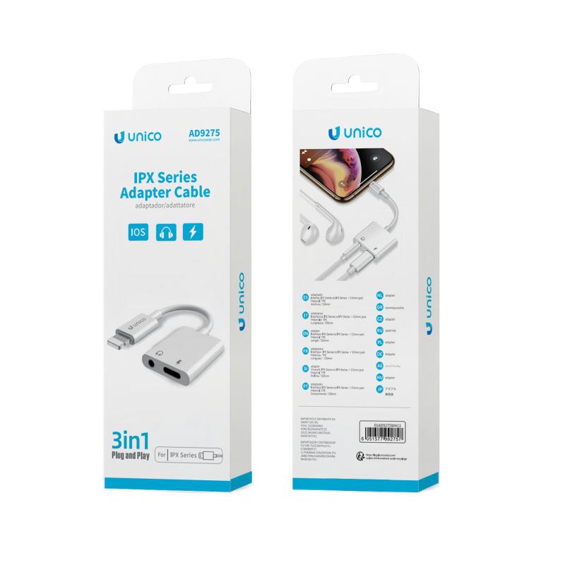UNICO--AD9275 Adaptador Lightning macho a Lightning hembra + 3,5 mm...