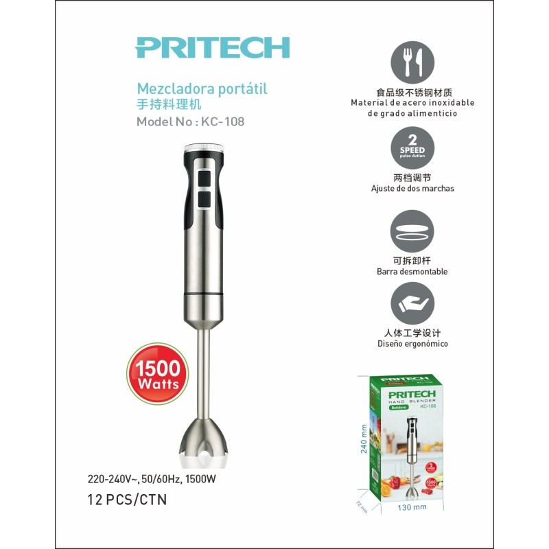 Mezcladora de Mano Inoxidable 1500W con 2 Velocidades y Barra Desmo...