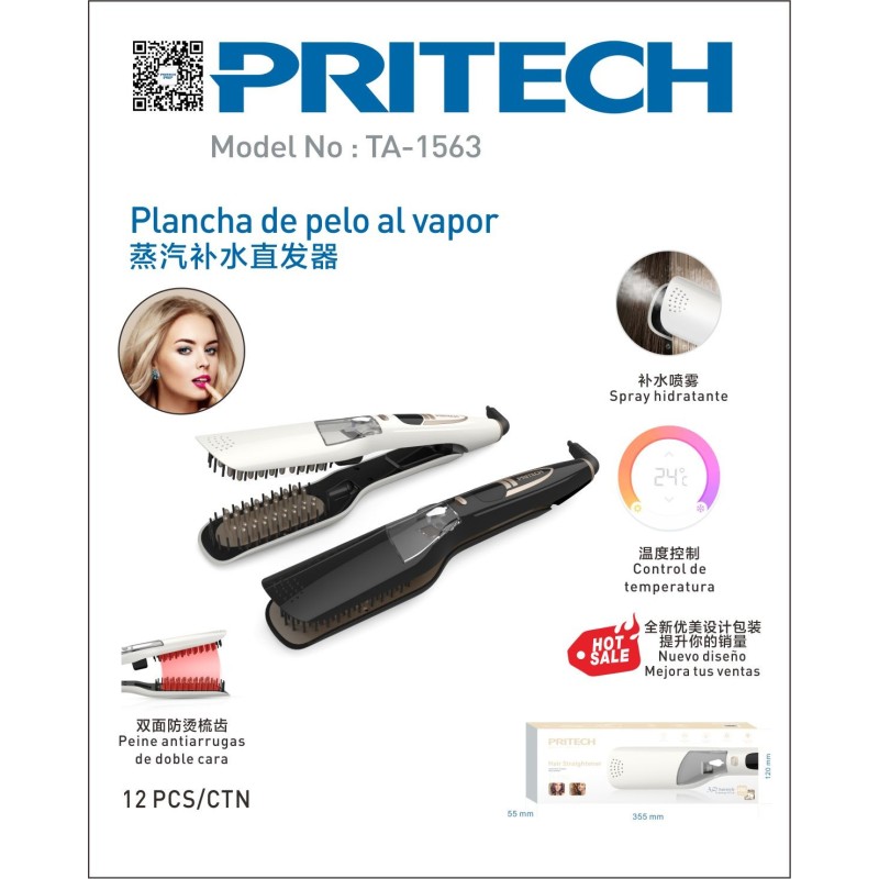 Plancha de Pelo al Vapor con Pantalla LCD y Cepillo Alisador 65W PR...