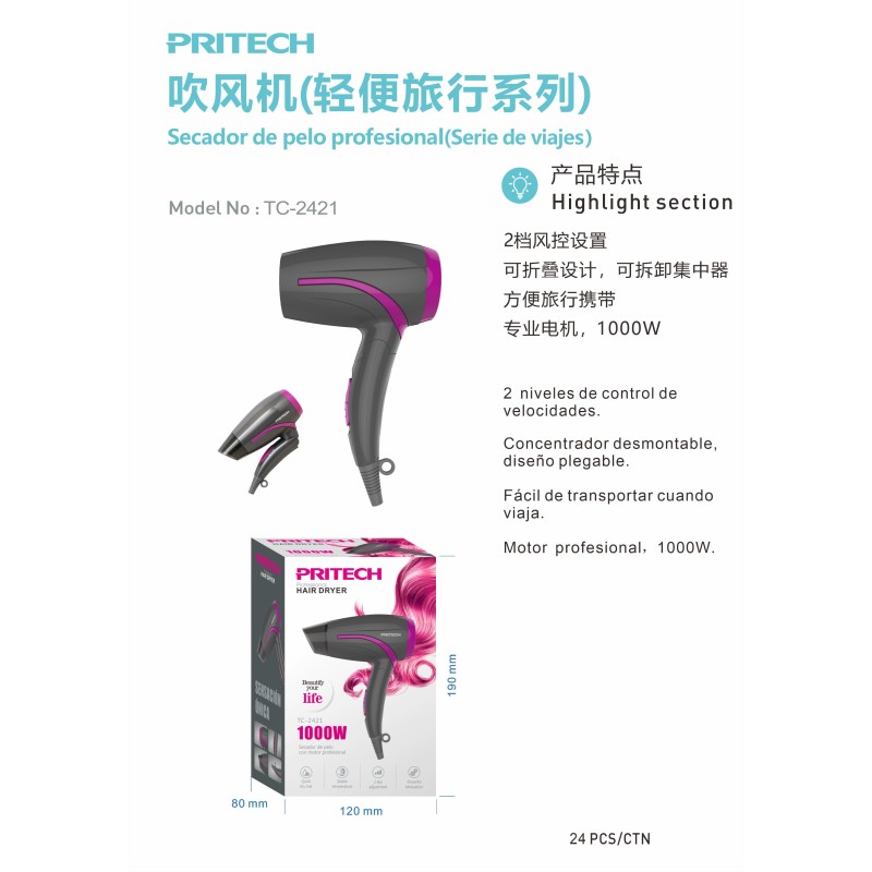 Secador de Pelo Profesional de Viaje – Compacto, Mango Plegable, 10...