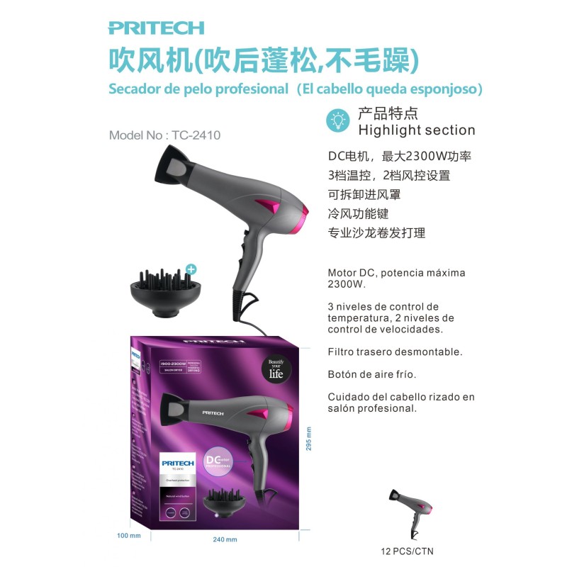 Secador de Pelo Profesional 2300W PRITECH TC-2410 – Difusor para Ri...