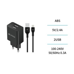 UNICO--HC1165 Cargador Completo Doble U 2.4A Con cable A-L CE