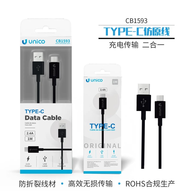 UNICO - CB1593 – Cable de Datos USB-A a USB-C 1M 2.4A