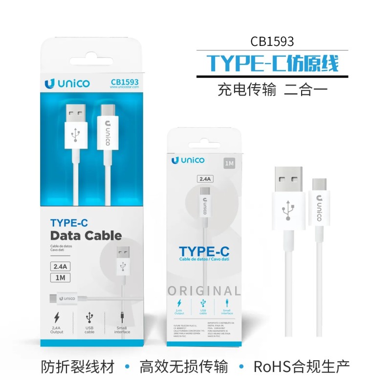UNICO - CB1593 – Cable de Datos USB-A a USB-C 1M 2.4A