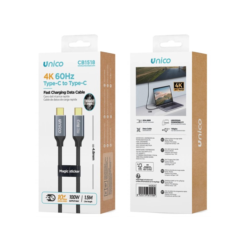 UNICO – Cable de Datos USB-C a USB-C 1.5M – Carga Rápida 100W y Vid...