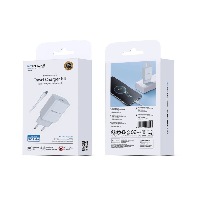 Cargador Wephone WA02 5V 2.4A con Cable USB-A a Tipo-C | Mayorista de accesorios móviles en España