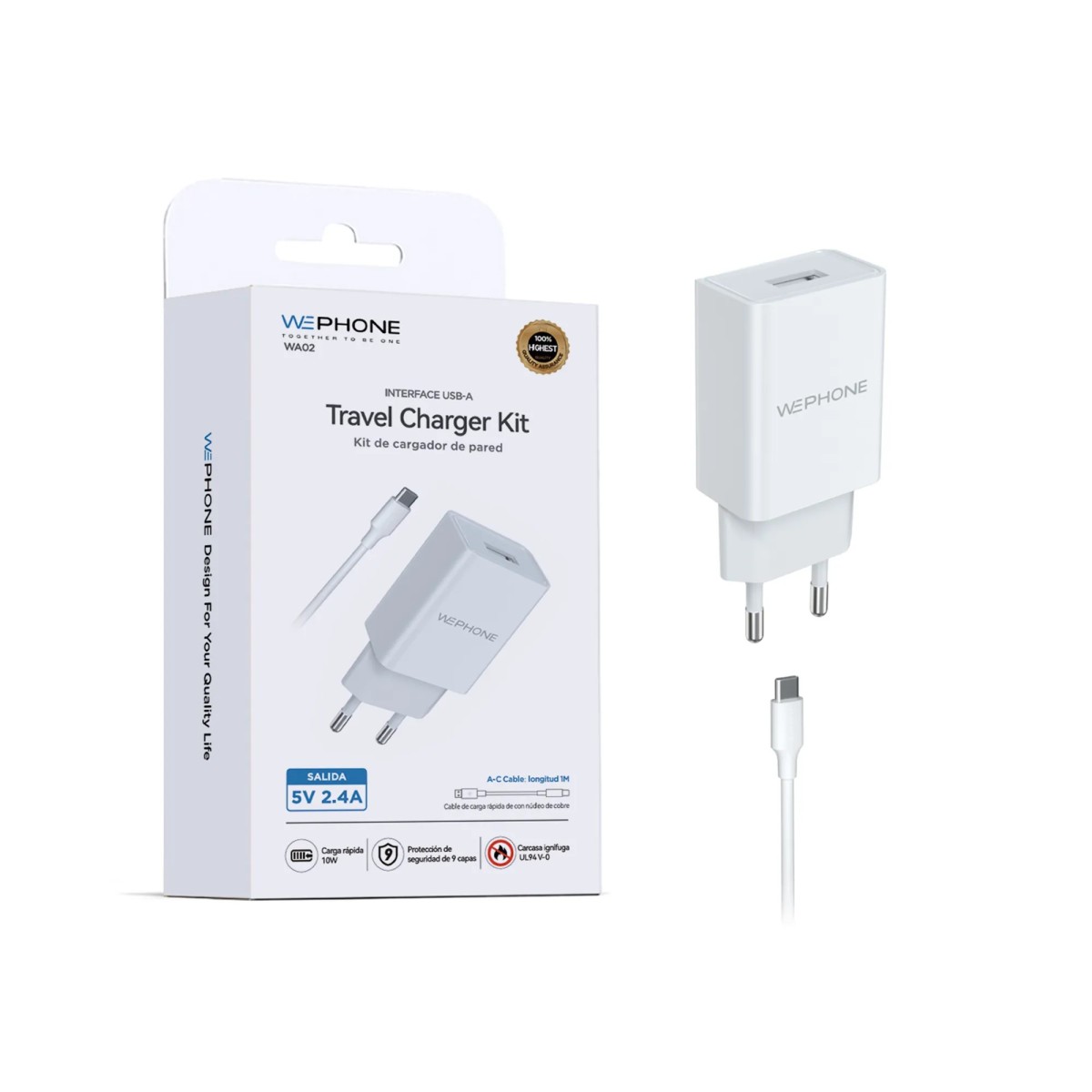 Cargador Wephone WA02 5V 2.4A con Cable USB-A a Tipo-C | Mayorista de accesorios móviles en España
