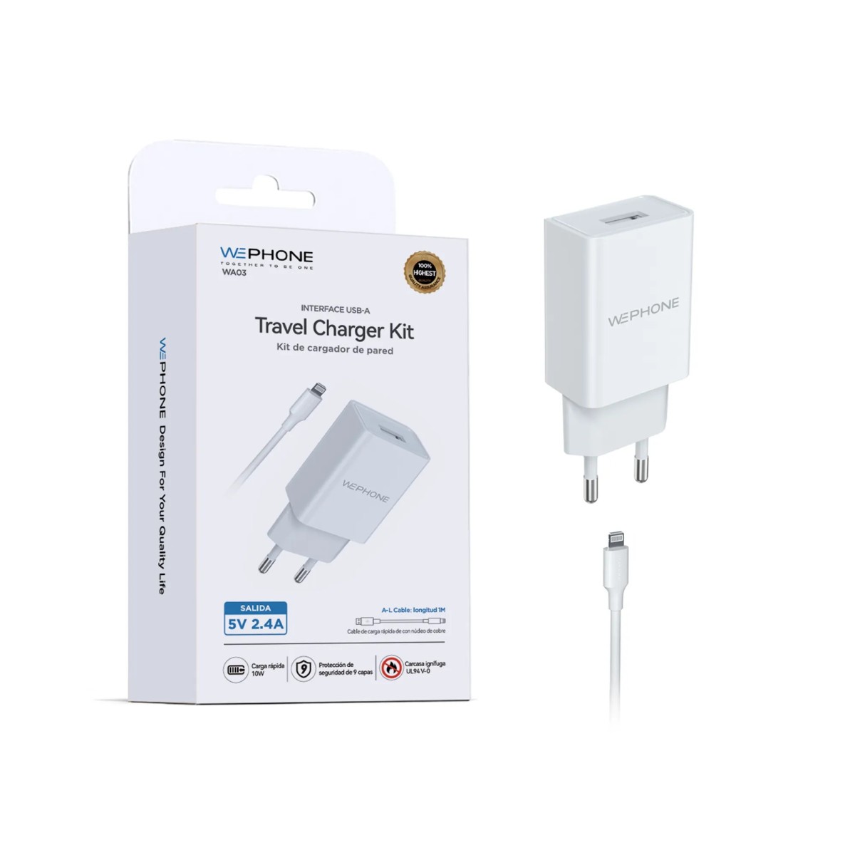 Cargador Wephone WA03 5V 2.4A con Cable USB-A a Lightning | Mayorista de accesorios móviles en España