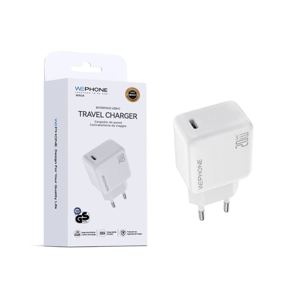 Cargador rápido Wephone WA04 20W GaN USB-C PD | Mayorista de accesorios móviles en España