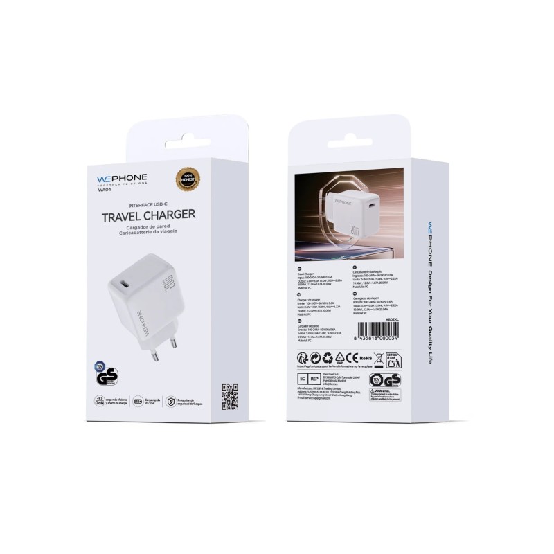 Cargador rápido Wephone WA04 20W GaN USB-C PD | Mayorista de accesorios móviles en España