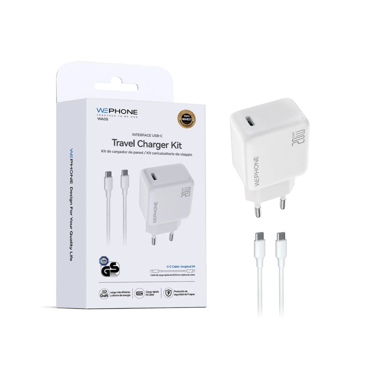 Cargador rápido Wephone WA05 20W GaN USB-C PD con cable C–C | Mayorista de accesorios móviles en España