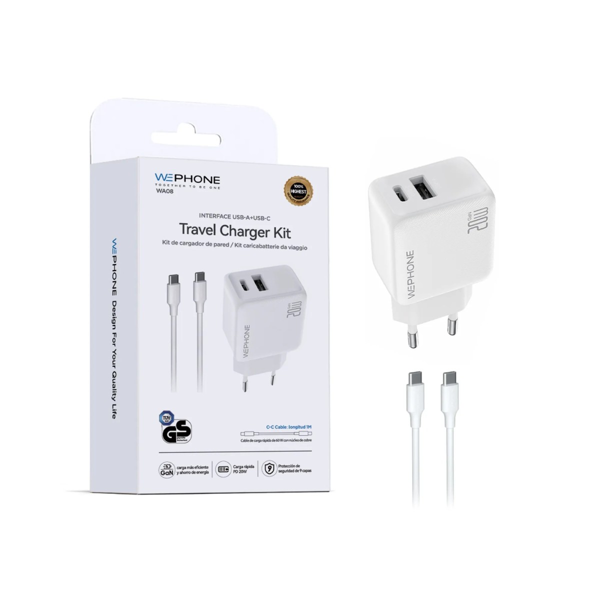Cargador rápido Wephone WA08 20W GaN Doble Puerto con Cable C-C | Mayorista de accesorios móviles