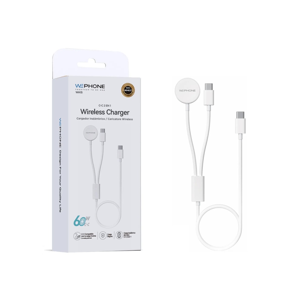 Wephone WA15 – Cargador inalámbrico 2-en-1 (Reloj 2,5W + Cable C-C 60W) | Mayorista de accesorios móviles en España