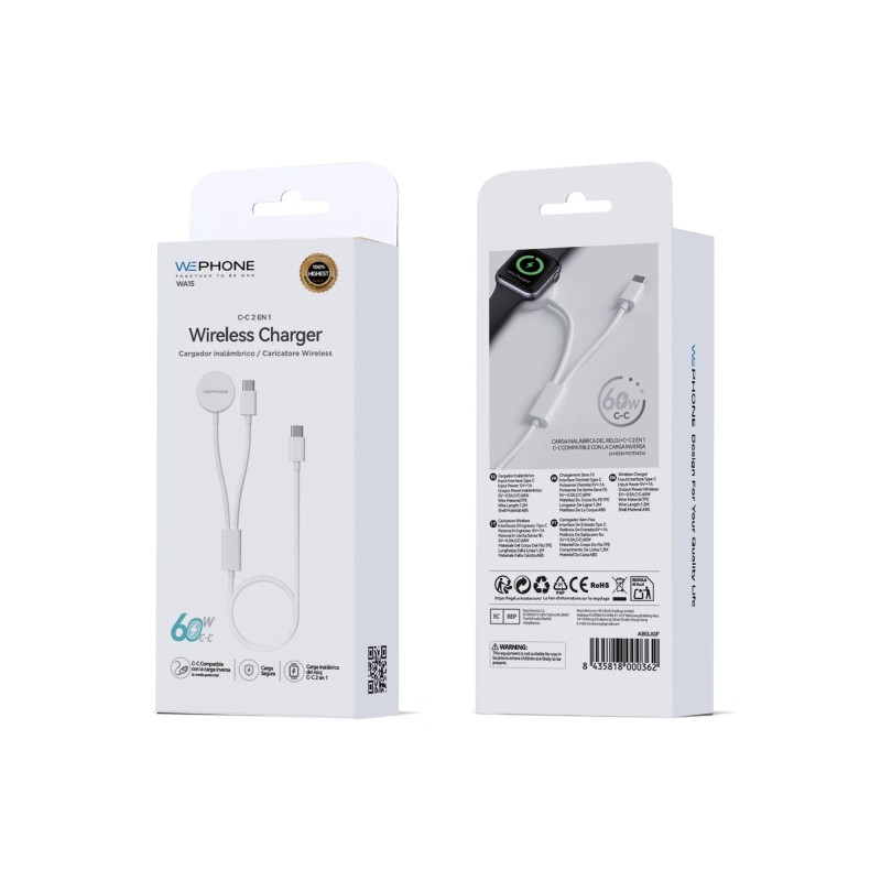 Wephone WA15 – Cargador inalámbrico 2-en-1 (Reloj 2,5W + Cable C-C 60W) | Mayorista de accesorios móviles en España