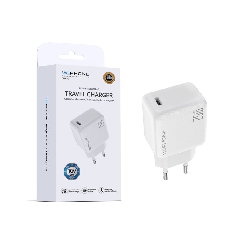 Wephone WA10 – Cargador rápido 25W GaN USB-C PD | Certificación TUV, CE y RoHS | Mayorista de accesorios móviles en España