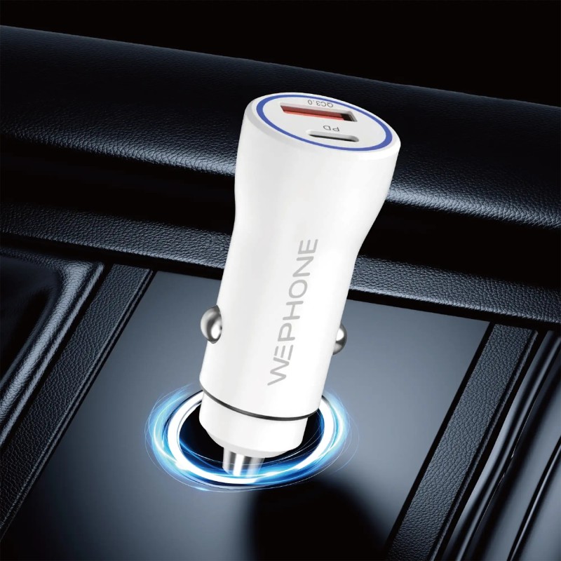 Cargador rápido de coche 20W PD + QC 18W | Doble puerto A+C | Cable tipo C | Certificación TUV, CE y RoHS | Mayorista de accesor