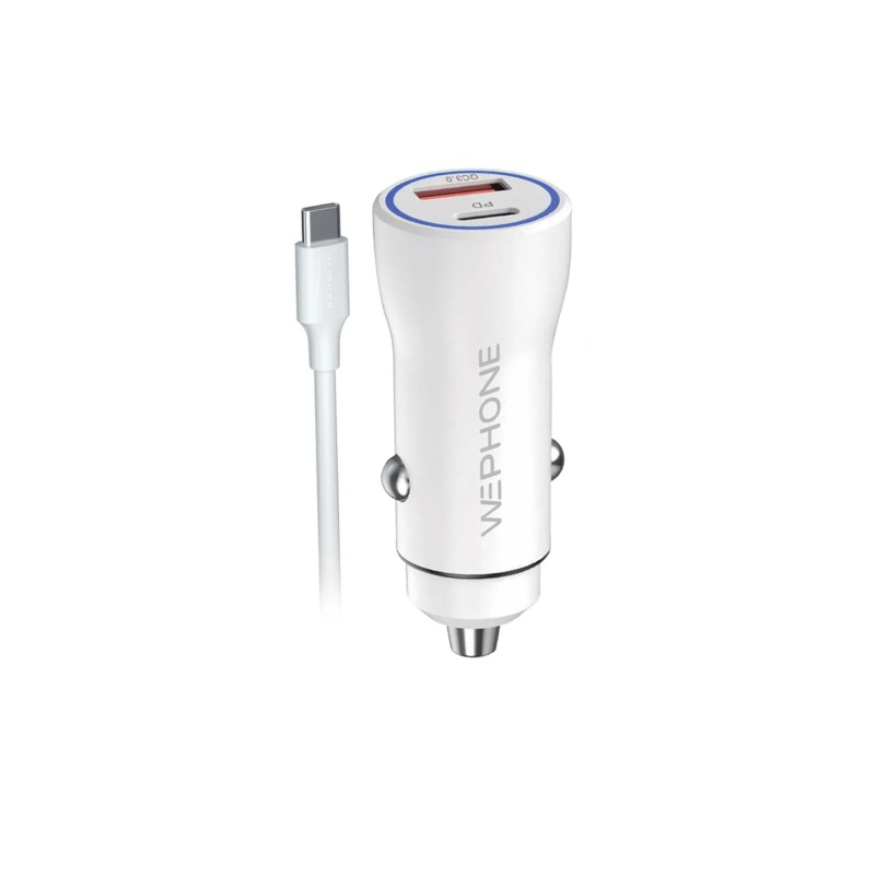 Cargador rápido de coche 20W PD + QC 18W | Doble puerto A+C | Cable tipo C | Certificación TUV, CE y RoHS | Mayorista de accesor