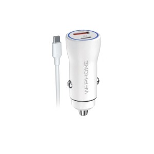 Cargador rápido de coche 20W PD + QC 18W | Doble puerto A+C | Cable tipo C | Certificación TUV, CE y RoHS | Mayorista de accesor