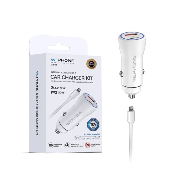 Cargador rápido de coche 20W PD + QC 18W | Cable A-L incluido | Certificación TUV, CE y RoHS | Mayorista de accesorios móviles e