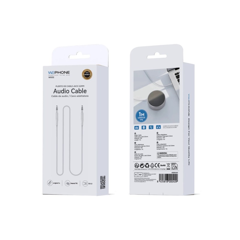 Cable de audio Jack 3.5 mm TPE 1M | Conector metálico | Mayorista de accesorios móviles en España