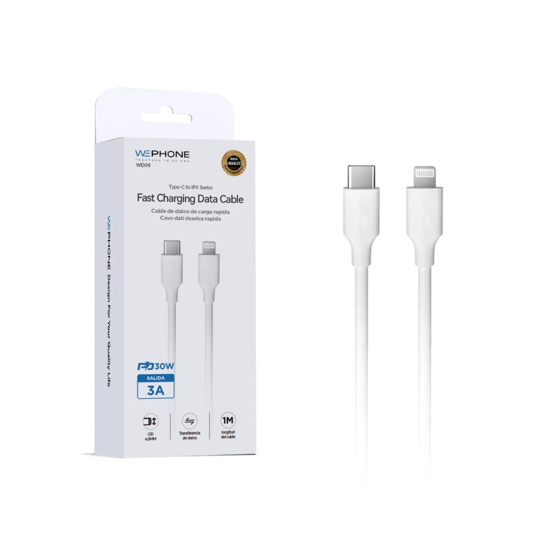 Cable USB-C a Lightning 3A PD30W 1 m | TPE OD4.0 blanco | Mayorista de accesorios móviles en España