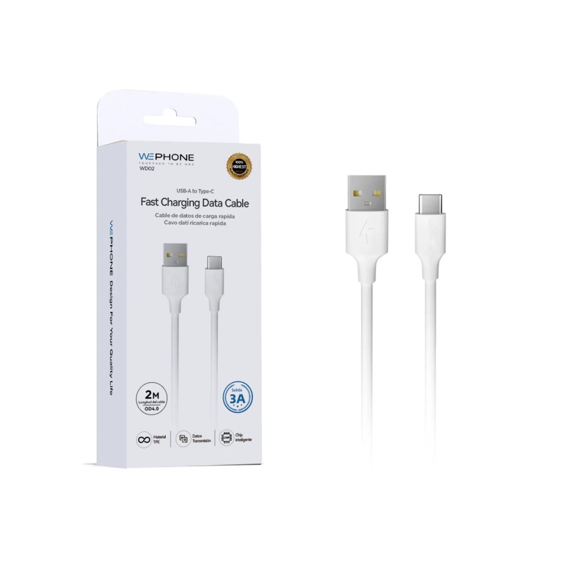 Cable de datos USB-A a USB-C 3A 2 m | TPE OD4.0 blanco | Mayorista de accesorios móviles en España