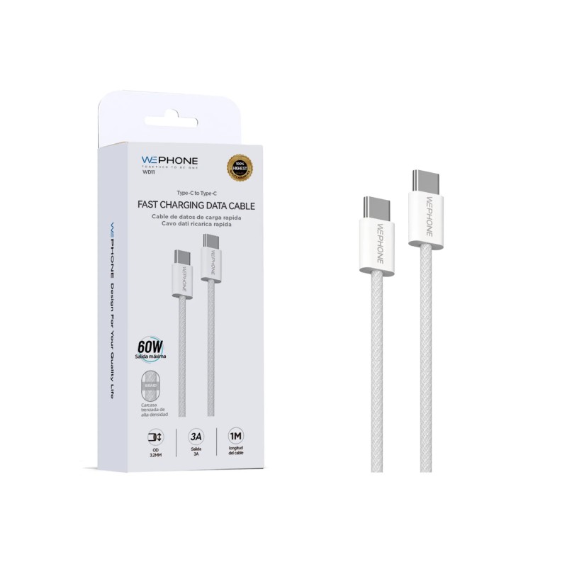 Cable de datos USB-C a USB-C 3A 1 m | PD60W trenzado OD3.2 blanco | Mayorista en España