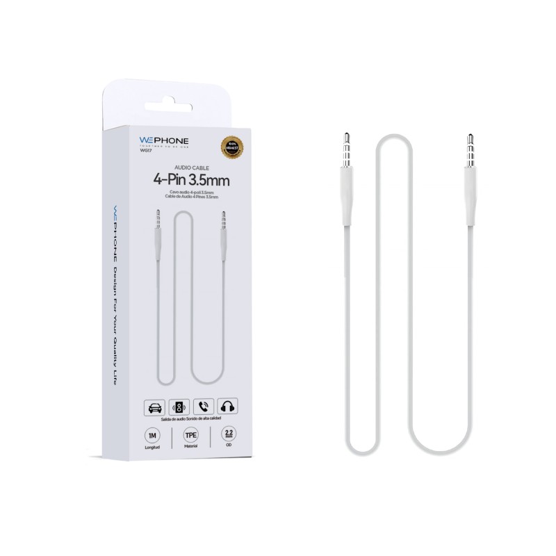 Cable Audio 4-Pin 3,5 mm Wephone WG17 1 m Blanco | AUX para coche, altavoces y auriculares