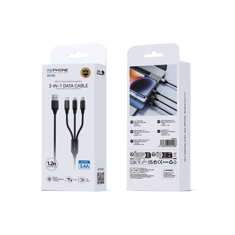 Cable 3-en-1 Wephone WD30 USB-A a Type-C Lightning Micro 3.4A | Mayorista