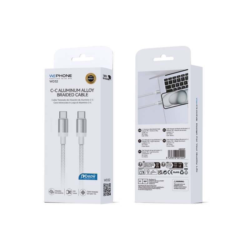 Cable USB-C a USB-C 60W Trenzado Blanco WePhone WD32 | Mayorista